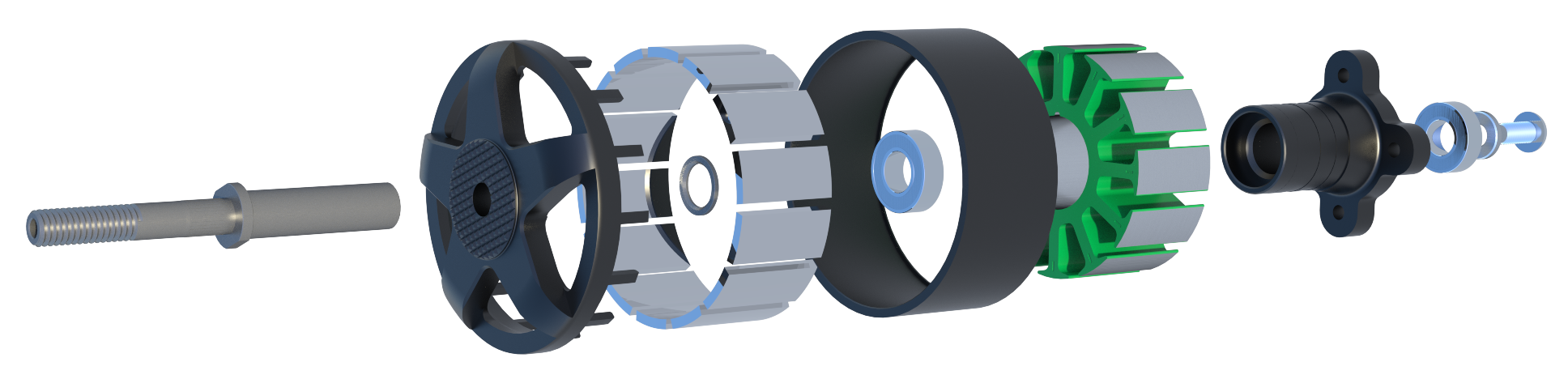 Rendered exploded view of a drone motor design, showing shaft, front bell with mounting spokes, magnet ring, stator winding, rear bell, green stator core, and rear mounting plate with hardware separated along the motor's central axis