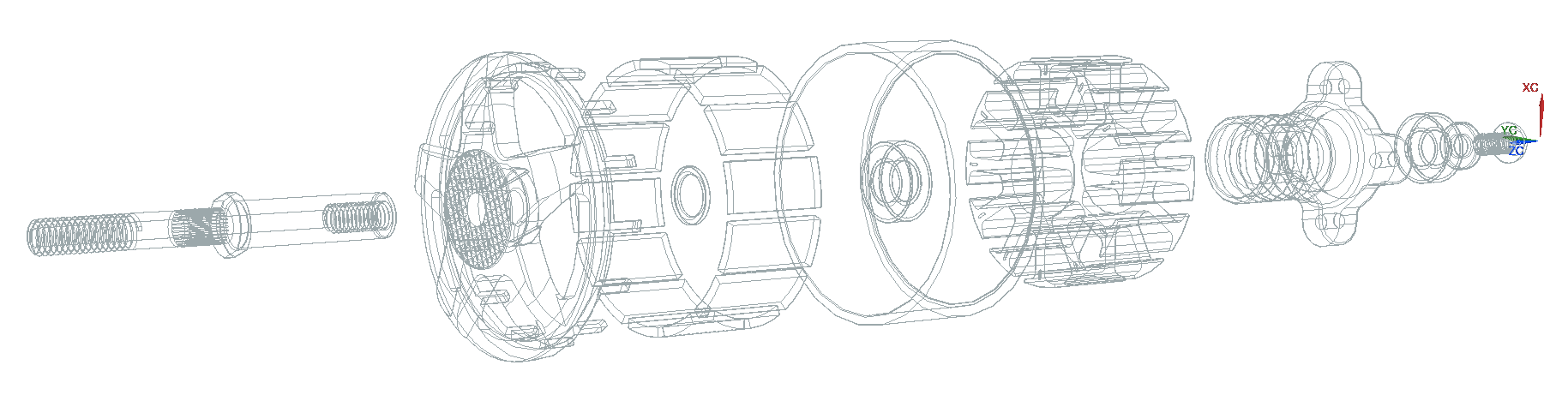 Exploded diagram of a drone motor assembly, showing shaft, bell, stator, hub, and magnets separated along the motor's central axis